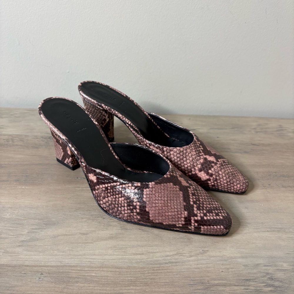 Aeyde Pink Snake-Print Leather Mule Sandals